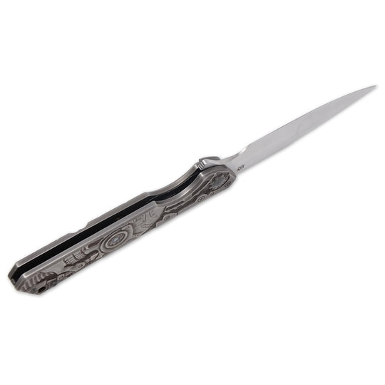 Olamic Rainmaker “Robot Skull” – Hand-Carved Titanium Art Knife (M390 Blade, Compound Grind by Mike Irie)