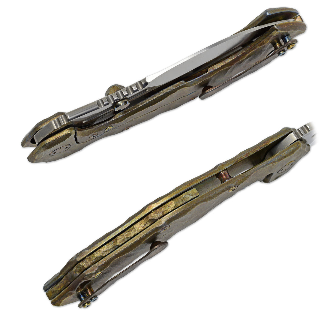 Matching Neontropic titanium backspacer in Rocks pattern on Olamic Soloist – spine detail view, folded blade view.