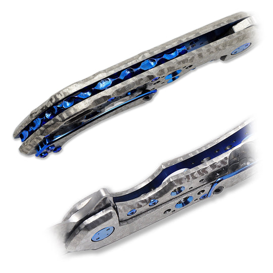 Blue Titanium Nuggets backspacer on Olamic Wayfarer 247 – spine detail view and frame lock details