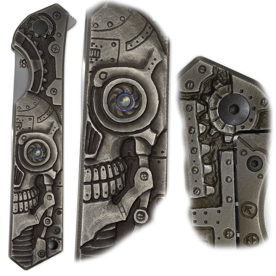 Olamic Rainmaker “Robot Skull” – Hand-Carved Titanium Art Knife (M390 Blade, Compound Grind by Mike Irie)