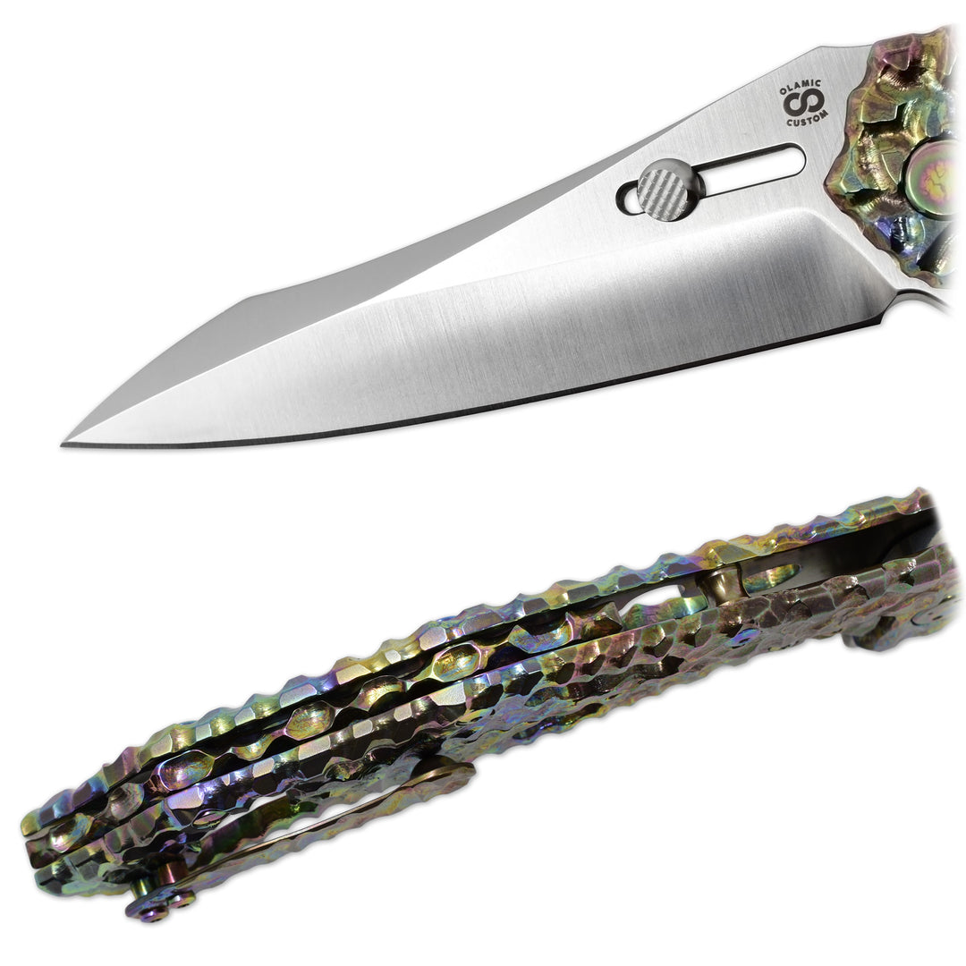 satin M390 Blade and large backspacer details of the Olamic Soloist – M390 Agent Blade Folding Knife