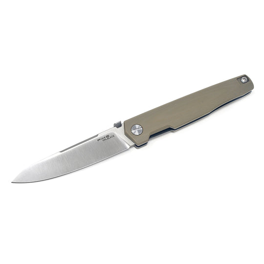 Mr. Blade Pike Tan folding knife with satin D2 sheepsfoot blade – open view.