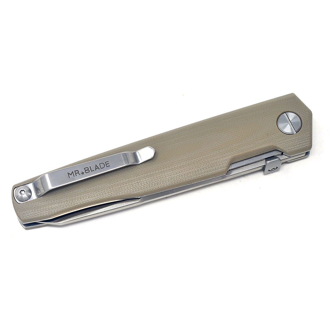 Reversible pocket clip on Mr. Blade Pike Tan folding knife.