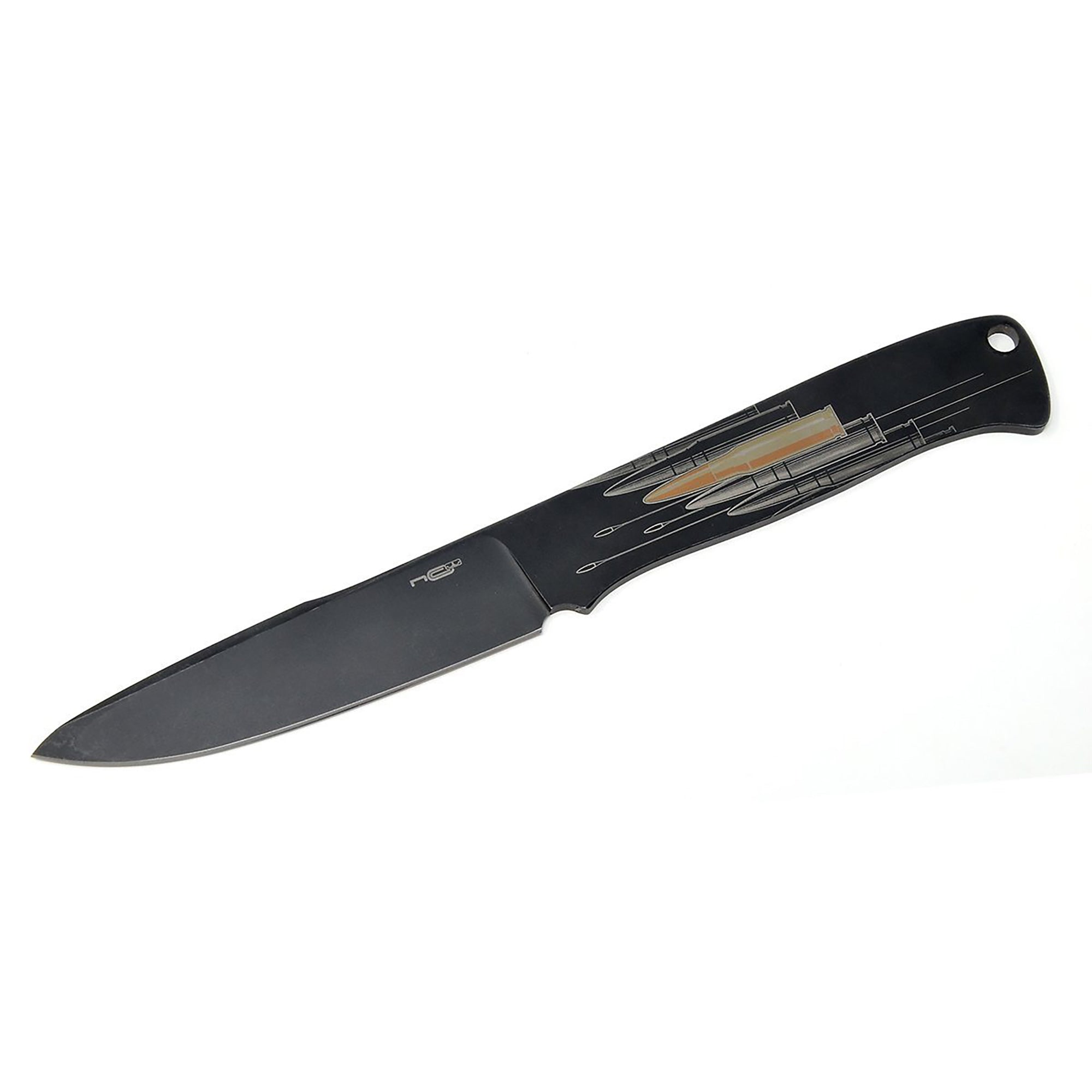 N.C. Customs Ricochet skeleton fixed blade with black coated AUS-8 steel – full view.