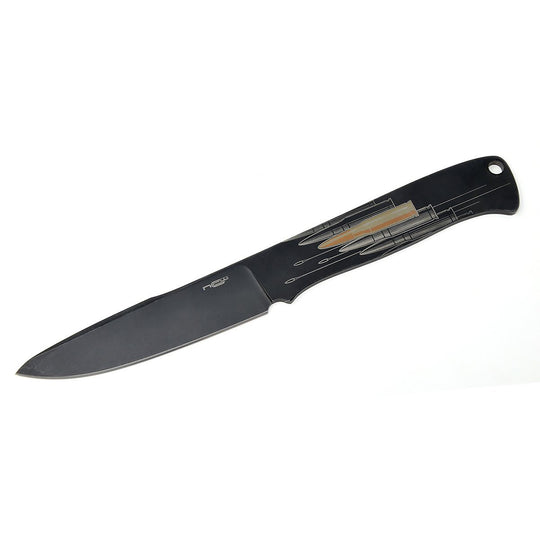N.C. Customs Ricochet skeleton fixed blade with black coated AUS-8 steel – full view.