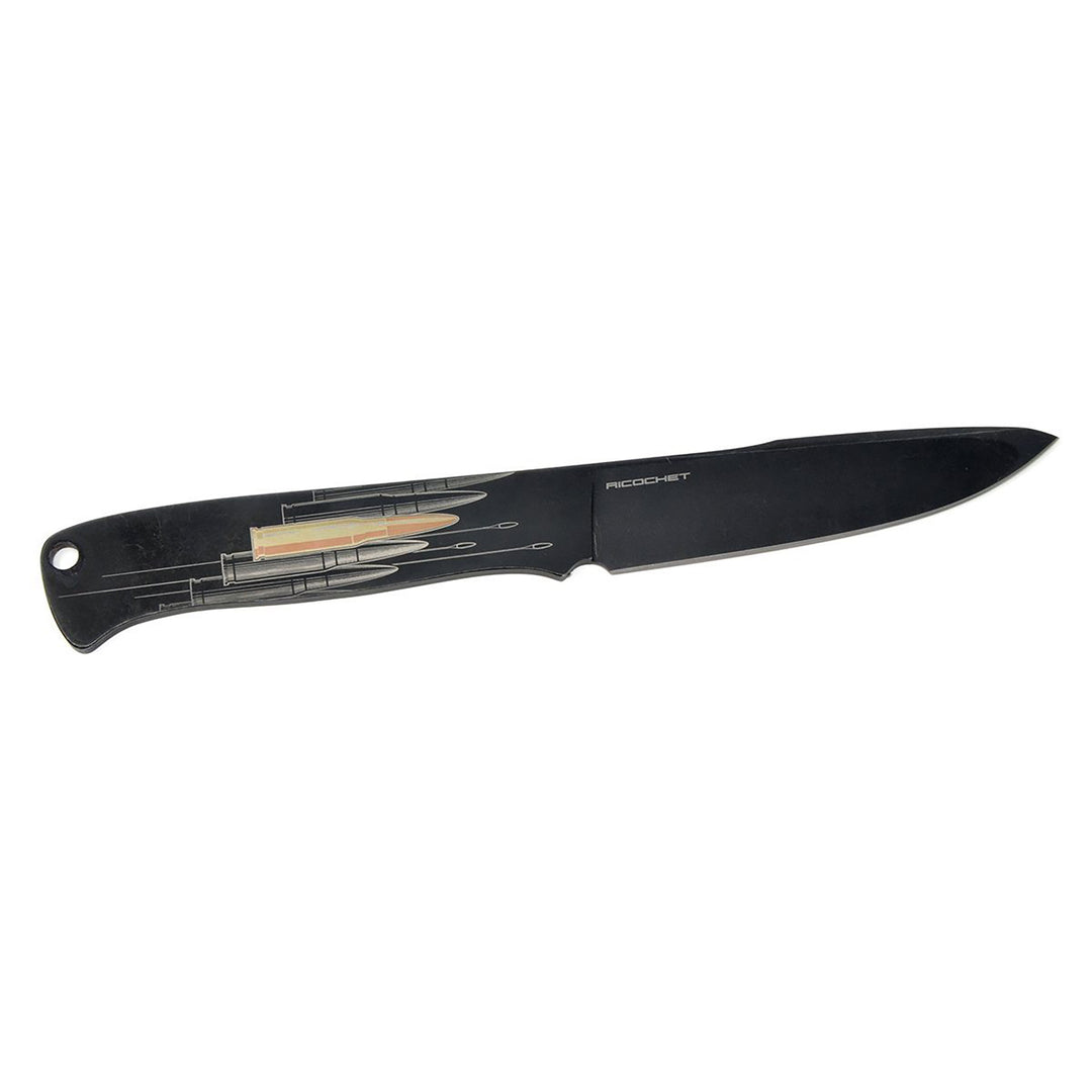 Minimalist one-piece metal construction on Ricochet knife.