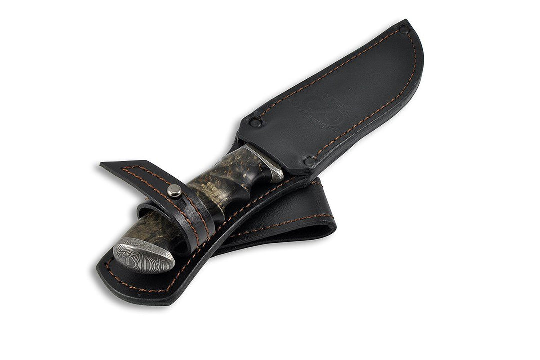 Voykar - custom Damascus knife from Olamic Cutlery, in the sheath