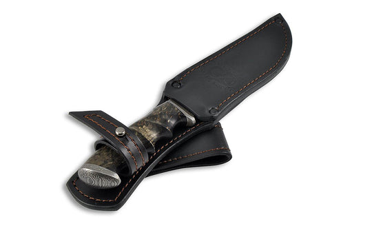 Voykar - custom Damascus knife from Olamic Cutlery, in the sheath