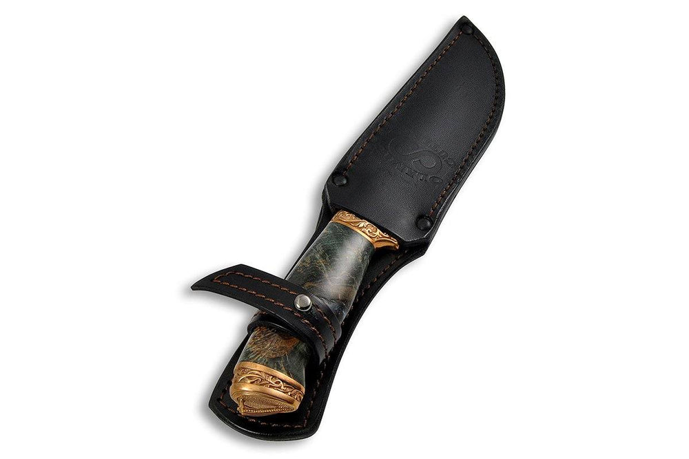 Voykar Royal - custom Damascus hunting knife by Olamic Cutlery, in the sheath